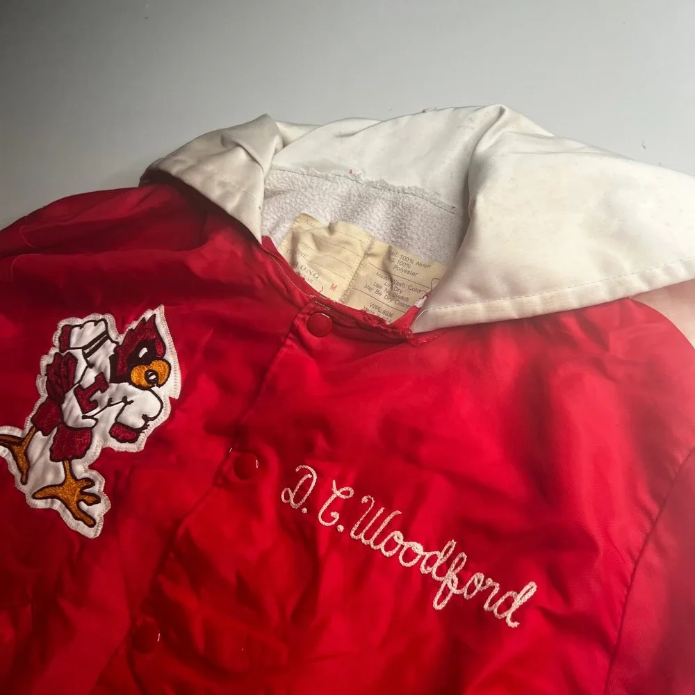 Vintage DeLong Sportswear Red Varsity Jacket Cardinal Mascot Mens Medium USA